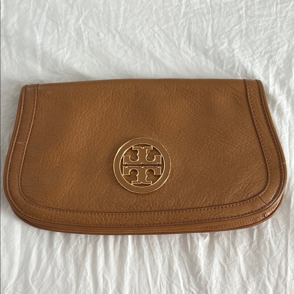 Tory Burch Tan Leather Clutch with Gold Logo
